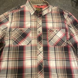 Buffalo Brand, maroon, black & tan plaid colored button down shirt - size M